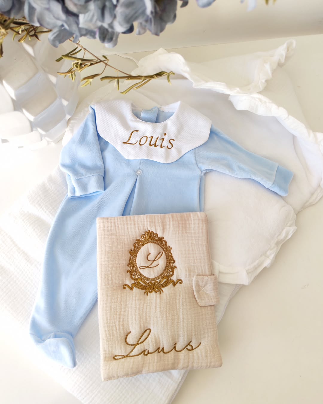 grenouillère bebe	bleu et blanc personnaliser avec prénom