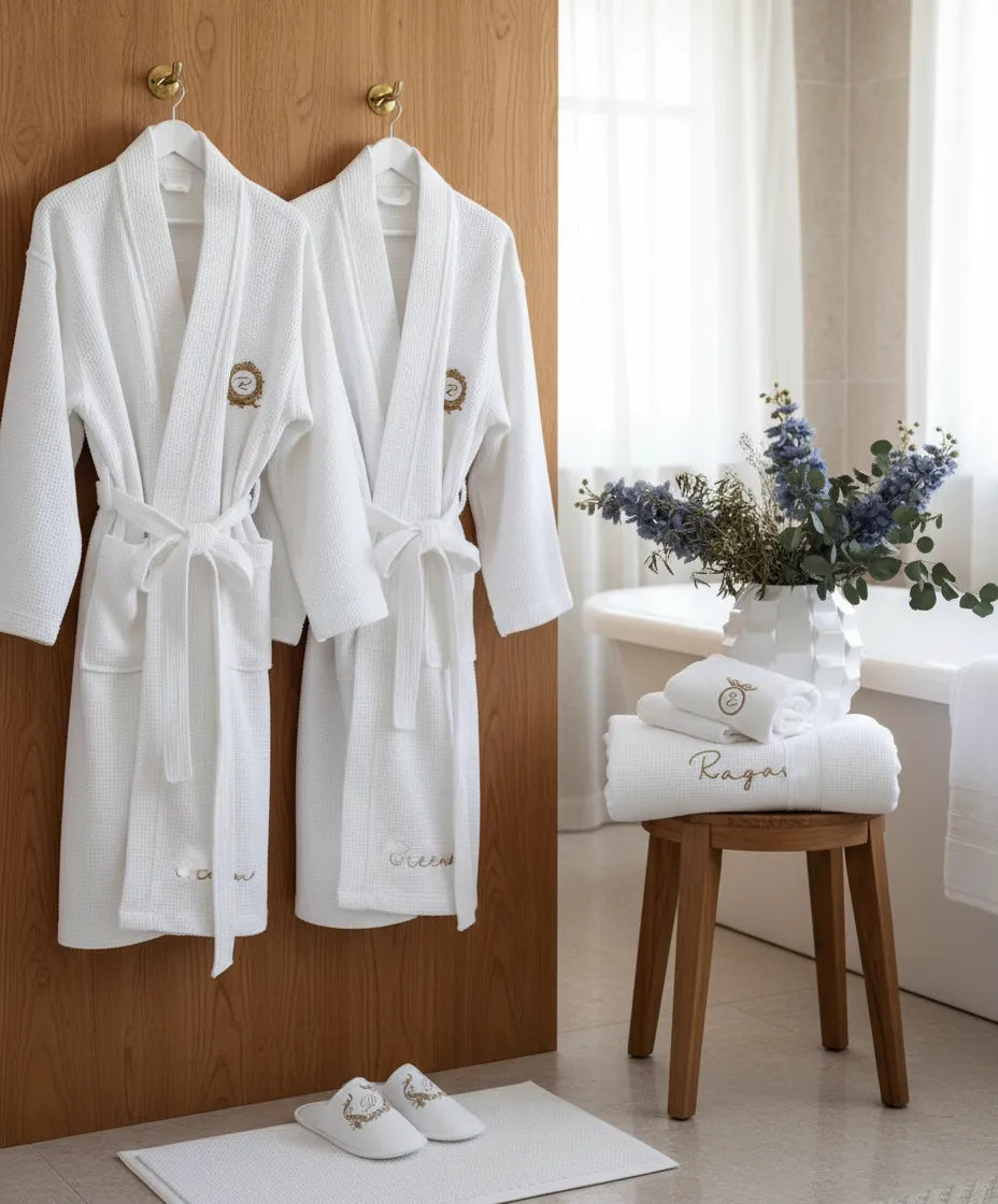 peignoir personnalisé blanc brode serviette et chausson